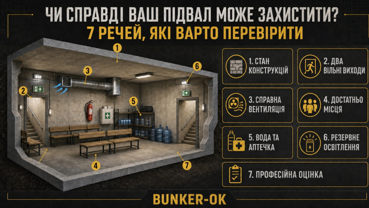 Інфографіка BUNKEROK: підвал як укриття – 7 умов безпеки перед повітряною тривогою