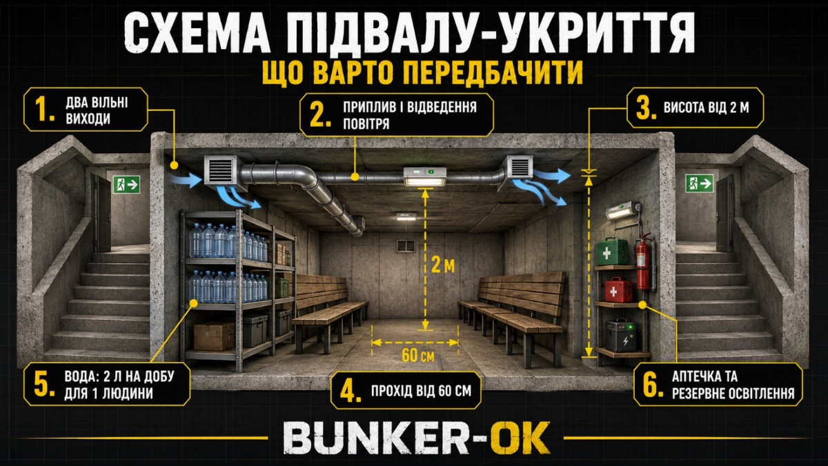 Схема підвалу як найпростішого укриття за рекомендаціями ДСНС: два виходи, вентиляція, місця для сидіння та запас води