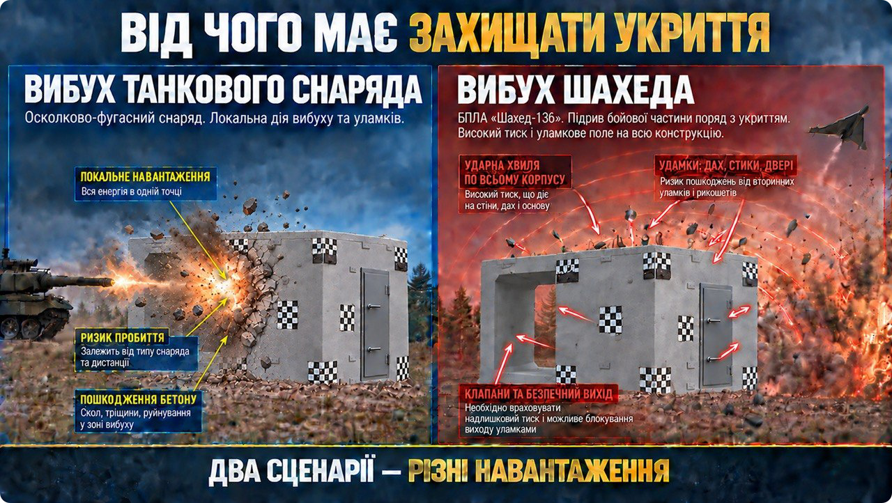 Інфографіка «Від чого має захищати укриття»: ліворуч танк стріляє в одну точку бетонного укриття, навколо місця влучання видно пошкодження та уламки; праворуч безпілотник вибухає поруч з укриттям, а навколо конструкції показані хвилі вибуху й уламки