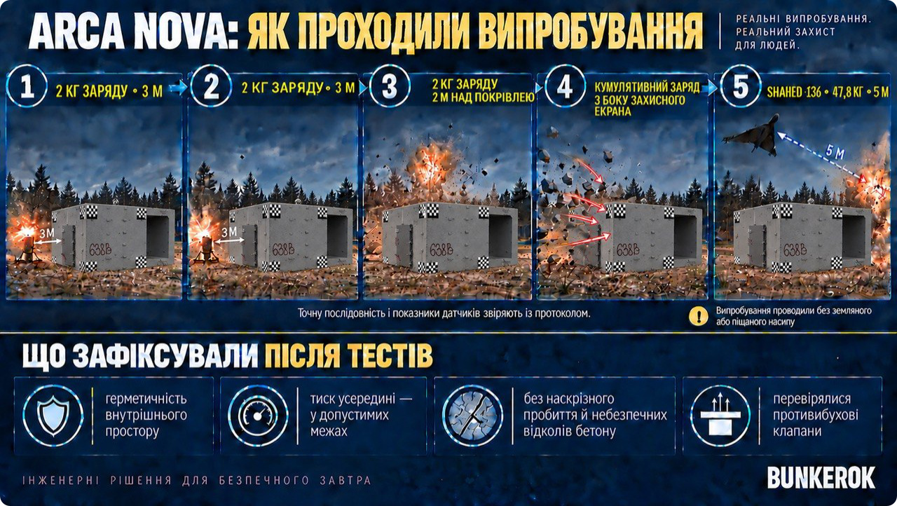 Інфографіка з п’ятьма послідовними панелями випробувань бетонного укриття ARCA NOVA: три підриви зарядів по 2 кг, окремий осколковий вплив і вибух бойової частини Shahed-136 на відстані 5 м. Унизу показані піктограми з підписами про герметичність, внутрішній тиск, відсутність наскрізного пробиття та небезпечних відколів бетону, а також перевірку противибухових клапанів